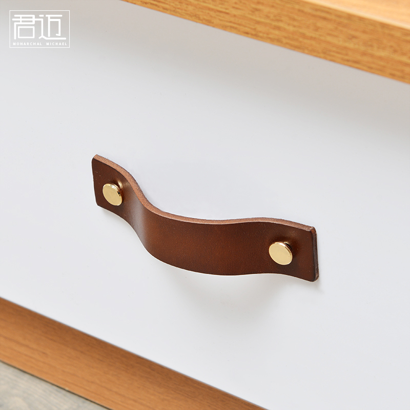Baidu wins Nordic style Chinese-style Buffalo Pillar handle leather drawer handle handle wine cabinet door leather drawer handle