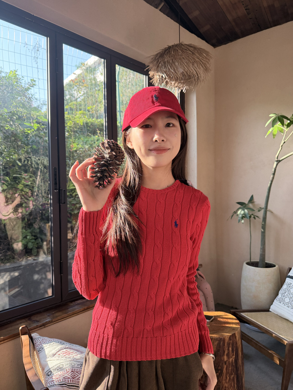 Authentic in Stock｜Ralph Lauren Sweater, Cotton, Women's Style, Boutique Model, Roselle Red with Navy Blue Label