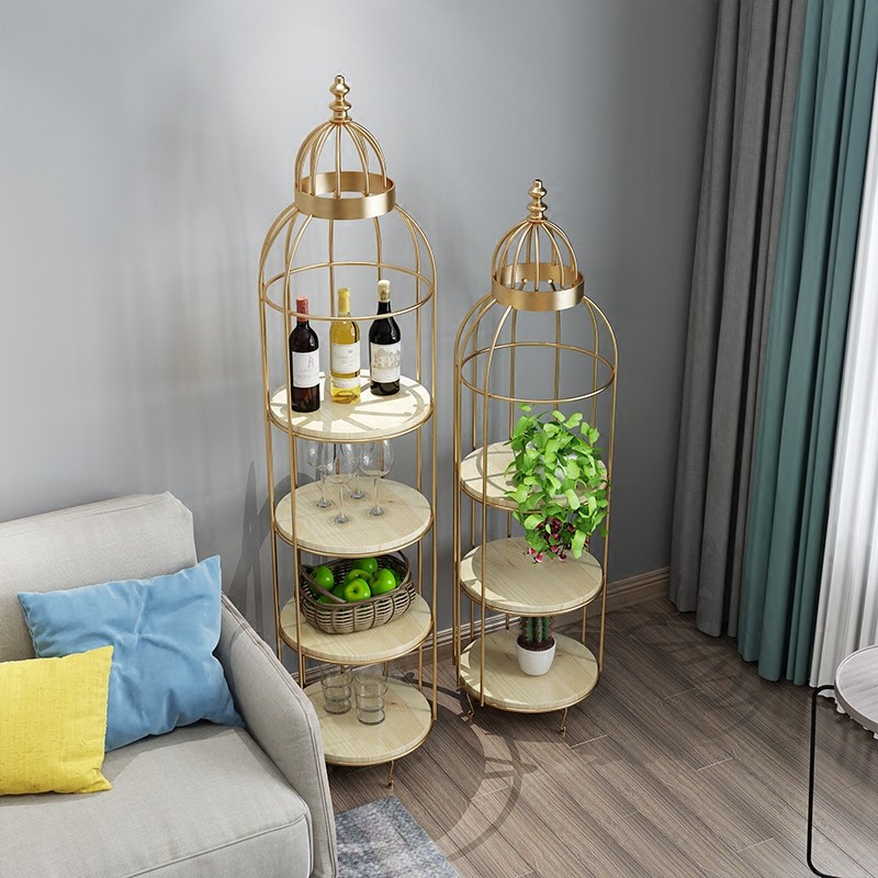 Nordic Retro Iron Art Flower Shelf Multilayer Solid Wood Show Shelf Living Room Ground Shelf American Creative Bird Cage Shelf