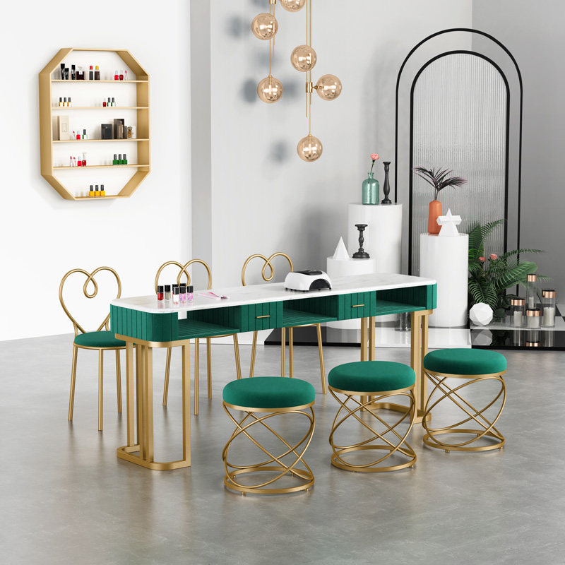 Nordic ins style simple double marble nail table and chair set Single double gold Wrought iron nail manicure table