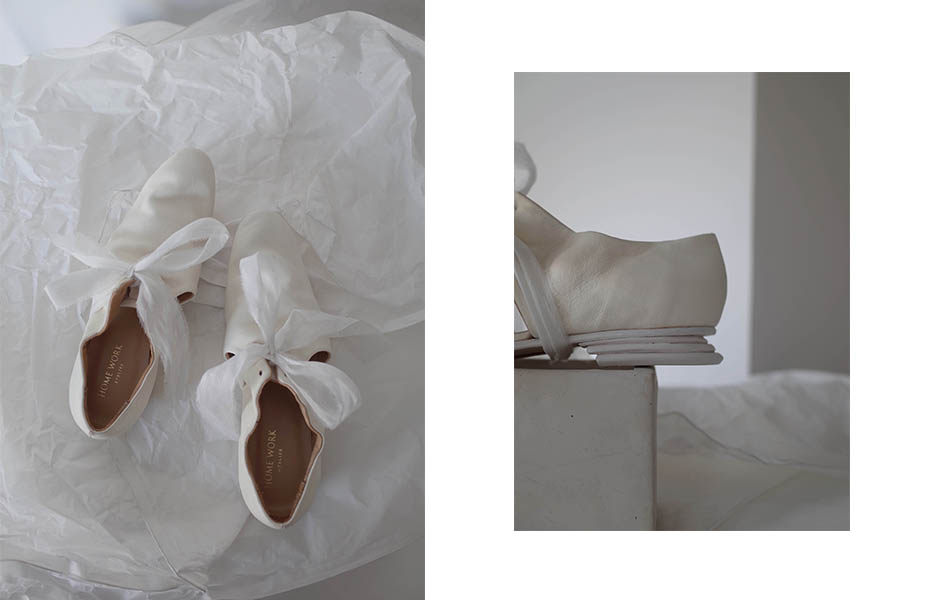 Темная обувь home work 18ss 简洁褶皱镂空丝带装饰鞋 白 atelier