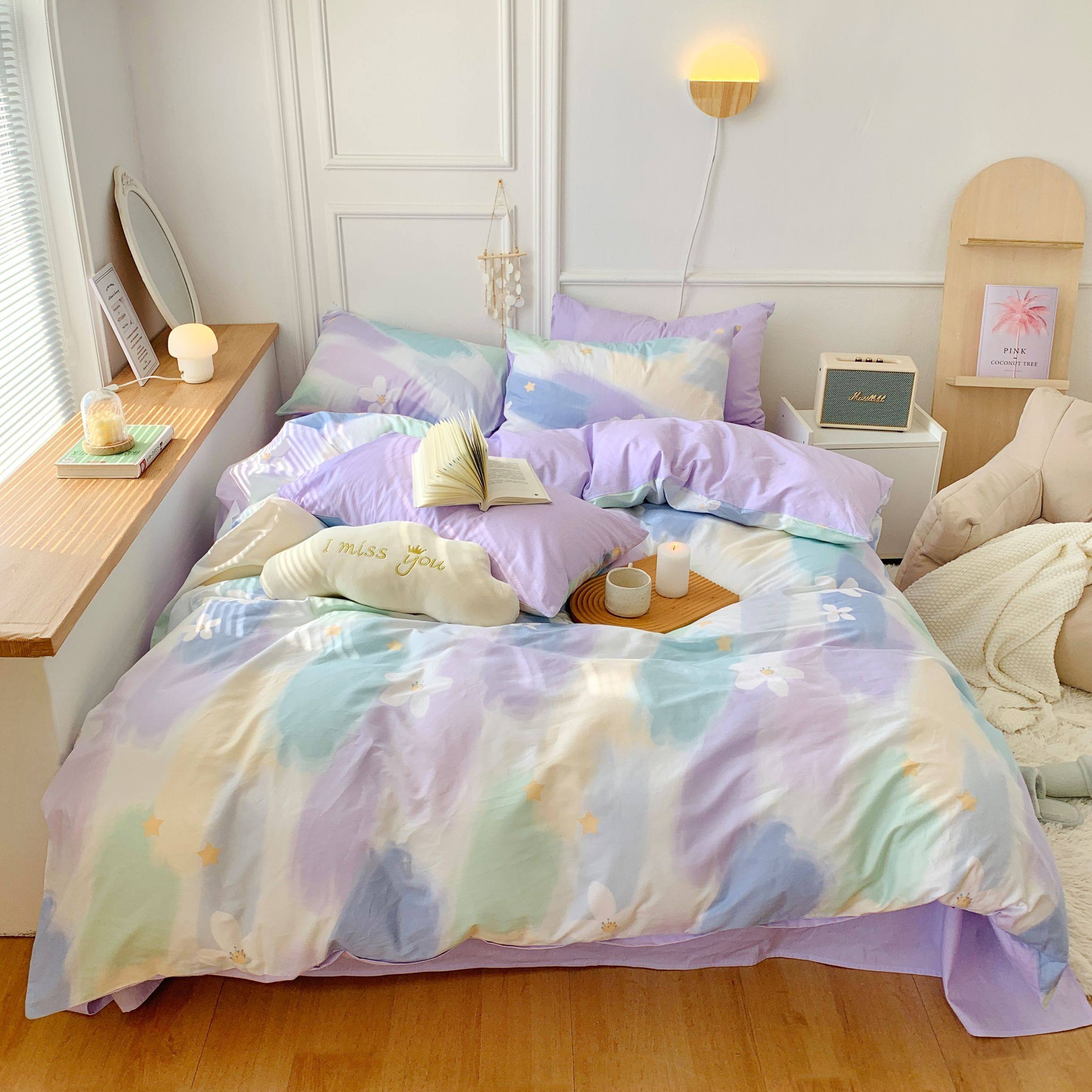 Internet celebrity new cotton bed four-piece set 100 cotton long-staple cotton 60 ins blooming purple bed sheet quilt cover fitted sheet