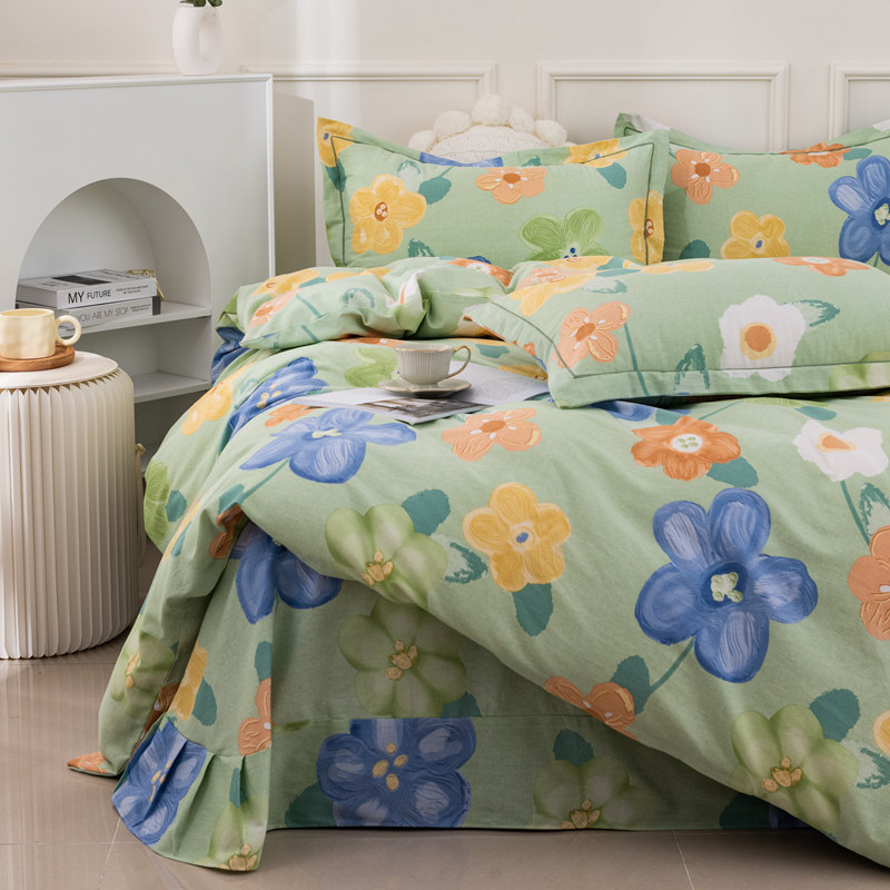 Autumn and winter 60 cotton 100 cotton thickened brushed four-piece set ins oil painting pastoral flower quilt cover bed sheet fitted sheet