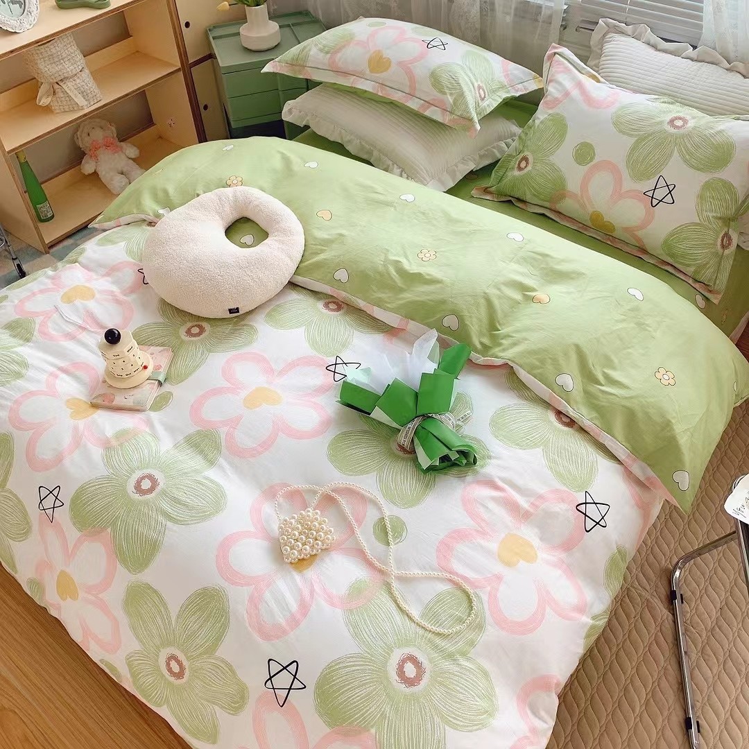 Four seasons net red wind bed four-piece set pure cotton 100 cotton dormitory three-piece set quilt cover lace bed sheet fitted sheet