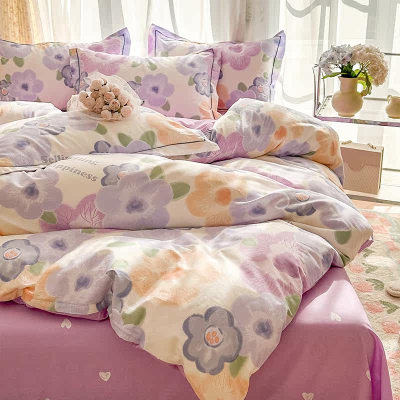 The four - piece cotton set 100 full cotton girls purple - colored three - piece bed is set in the fourth season and common