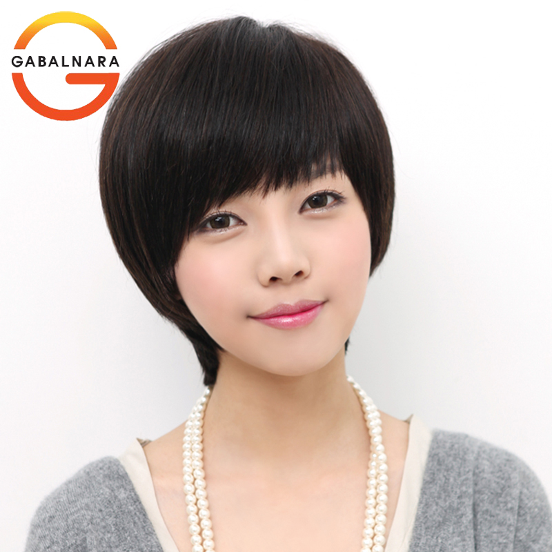 Real hair women's wig Bobble short straight hair oblique bangs Fashion girl wig Real hair wig set for women