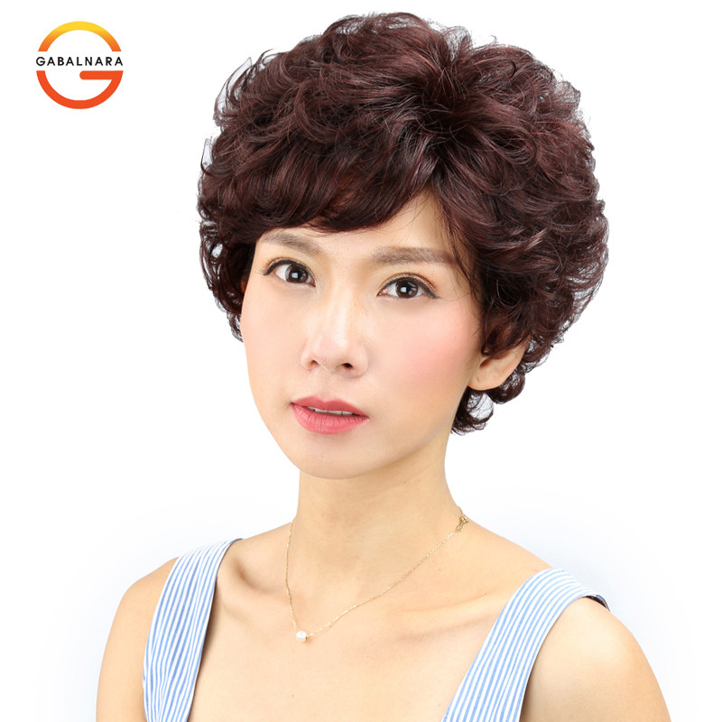 Send mom short curly hair wig Female short hair Full head cover type middle and old wig Full real hair wig set real hair