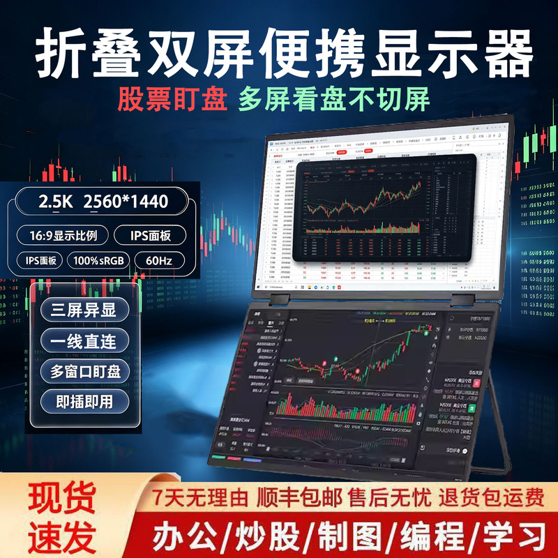 Foldable Dual-Screen Monitor 2.5K Laptop Extended Split-Screen for Stock Trading and Office Use, External Secondary Screen with Multiple Screens Displaying Different Content Foldable Dual-Screen Monitor 2.5K Laptop Extended Split-Screen for Stock Trading and Office Use, External Secondary Screen with Multiple Screens Displaying Different Content