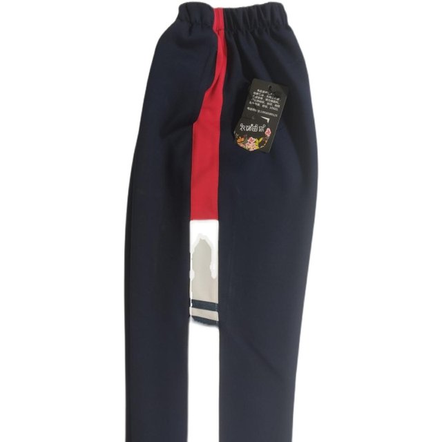 Customized school pants for primary and secondary school students, boys and girls, with two dark blue stripes on top, red on bottom, white on top, straight pants with elastic waist and cotton