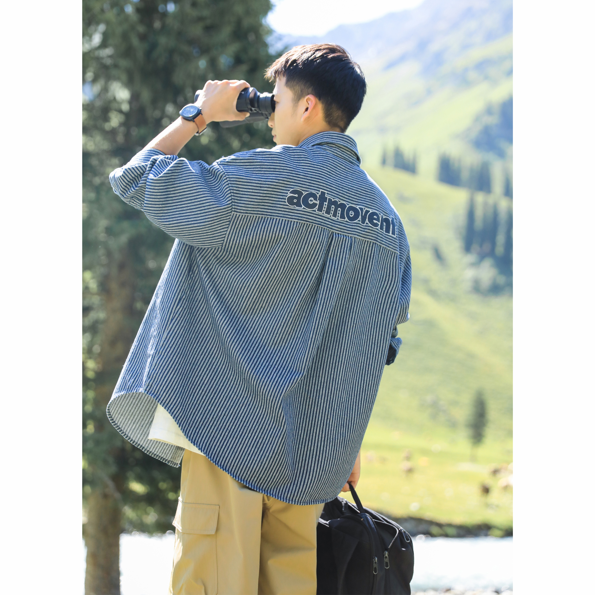 陸小湖レトロウォッシュデニムストライプ長袖シャツメンズ春日本カジュアルシャツシティボーイジャケット