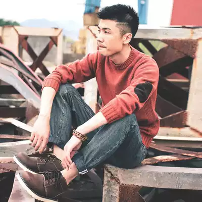 Spring and autumn men's round neck knitwear literary solid color retro knitting slim Japanese men's patch pullover sweater