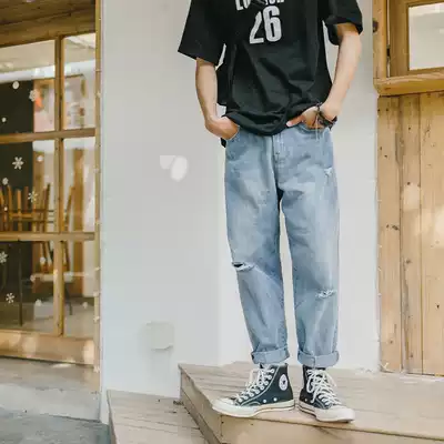American retro light-colored washed hole jeans men's fashion brand loose straight tube autumn men's trend beggar pants