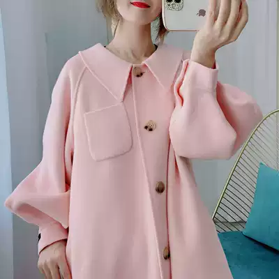 Age-reducing cherry blossom pink doll collar A-shaped double-sided wool coat female mid-length 2020 new loose wool coat