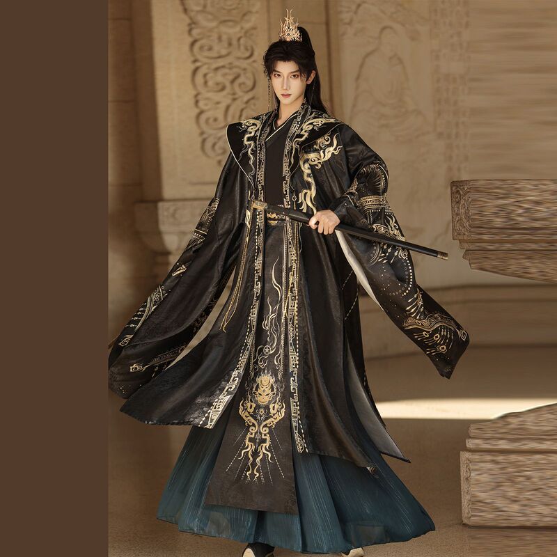 Original Hanfu for Men and Women, Wei and Jin Dynasty Chinese Style, Luxurious Black and Gold Cross-Collar Jacquard, Majestic Imperial Robe for Film and Stage, Suitable for Spring and Autumn