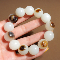 Stunned by dialect Hetian jade boutique features Xinjiang black oil leather white jade seed material round beads 16mm bracelet X2
