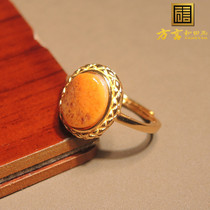 The dialect brand features Hetian jade boutique Xinjiang Huangqin skin white jade seed material silver inlaid jade ring h0