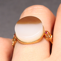 Hot dialect Hetian jade boutique Xinjiang oily and yellow material sugar mutton fat white jade gold inlaid jade ring O2
