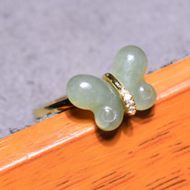 Popular dialect Hetian jade Qinghai old pit material characteristic lake green hand-carved butterfly silver inlaid ring ring with adjustable ring R1