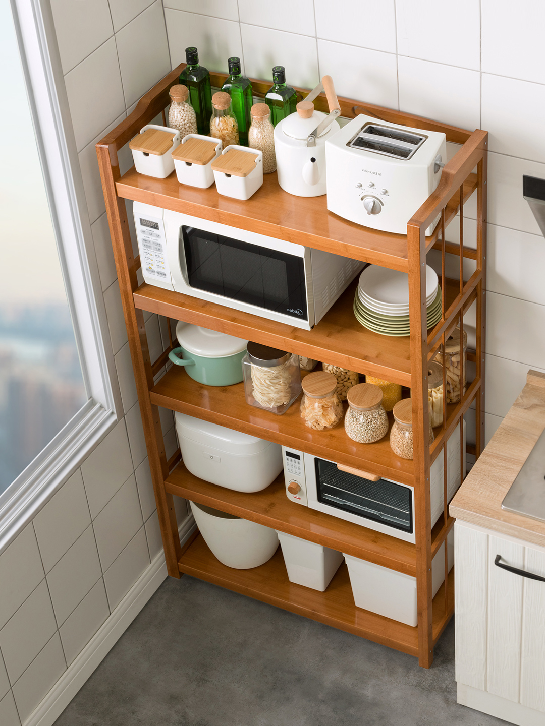 Kitchen microwave oven shelf Floor-to-ceiling multi-layer storage shelf Nanzhu household storage cabinet Solid wood pot oven shelf