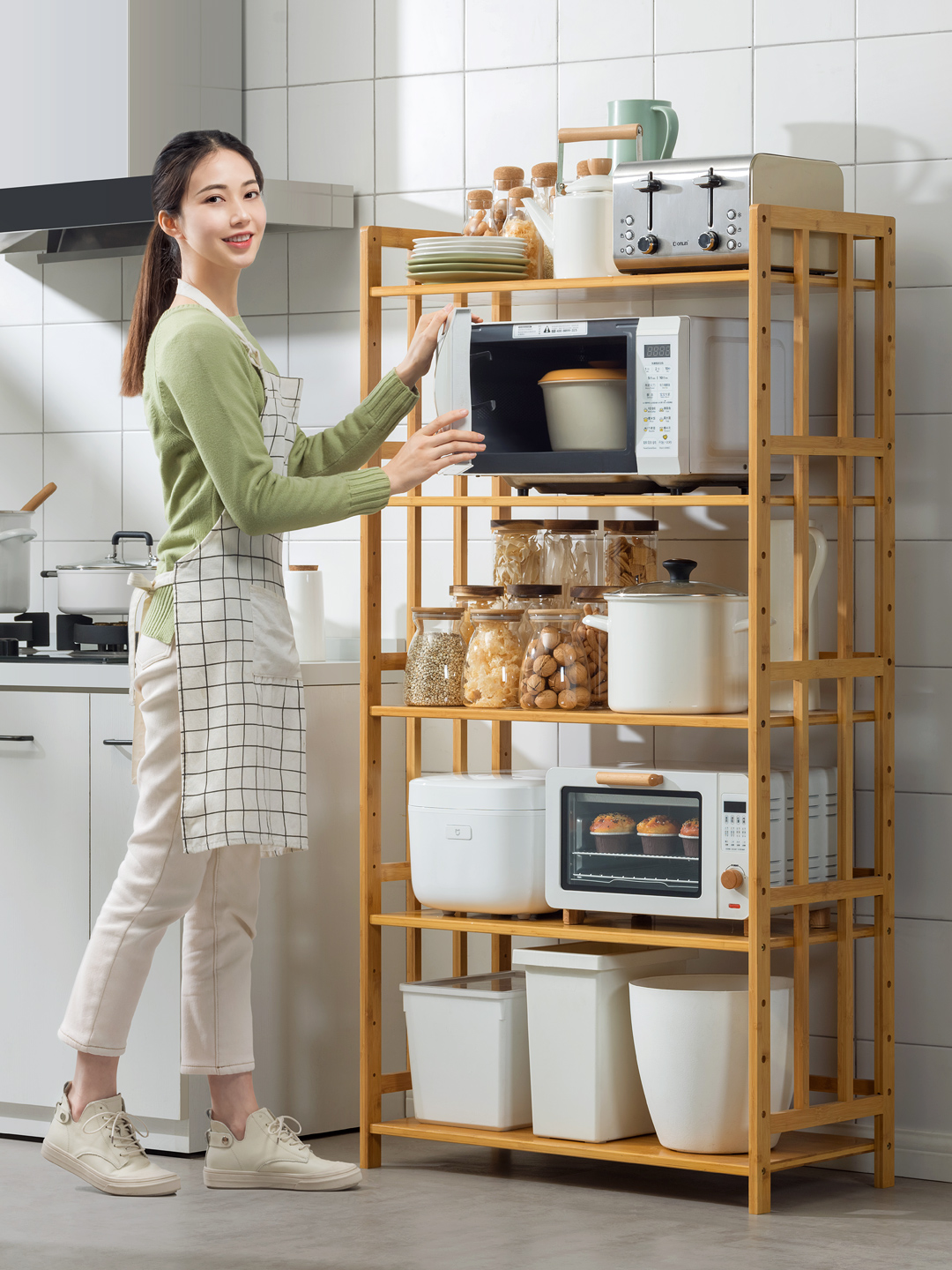 Kitchen shelf Floor-to-ceiling multi-layer microwave oven storage shelf Nanzhu household storage shelf Solid wood overall cabinet
