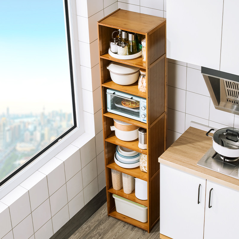 Kitchen rack bamboo slit dishes seasoning storage rack floor multi-layer with door narrow gap storage cabinet Cabinet