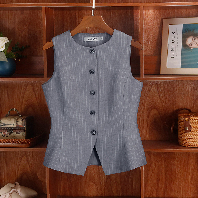 Gray Old Money Style Round Neck Striped Blazer Vest for Women 2026 Sleeveless Outerwear Cardigan Small Chanel Style Tank Top Gray Old Money Style Round Neck Striped Blazer Vest for Women 2026 Sleeveless Outerwear Cardigan Small Chanel Style Tank Top