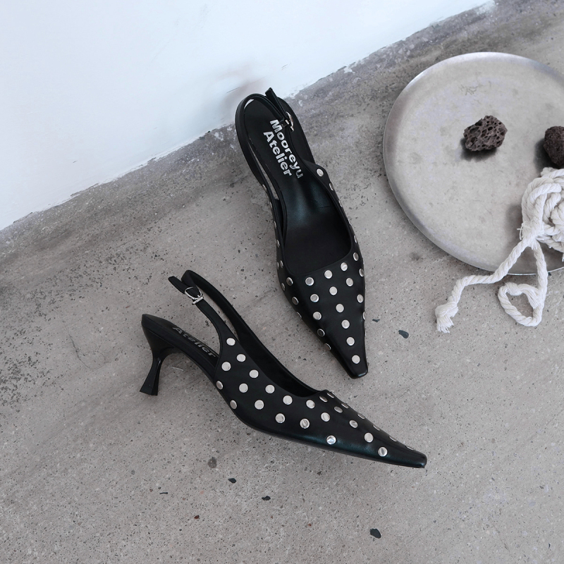 Mooreyu Atelier First-Layer Cowhide Black Polka Dot Pointed Toe Stiletto Heels Women's Retro Backless Single Shoes Women Mooreyu Atelier First-Layer Cowhide Black Polka Dot Pointed Toe Stiletto Heels Women's Retro Backless Single Shoes Women