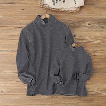 JJ parent-child semi-high collar full cotton fine striped undershirt male and female long sleeve T-shirt