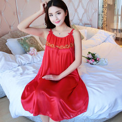 Pajamas for women summer sexy suspenders ice silk lace red long plus size nightgown for fat mm 200 pounds summer