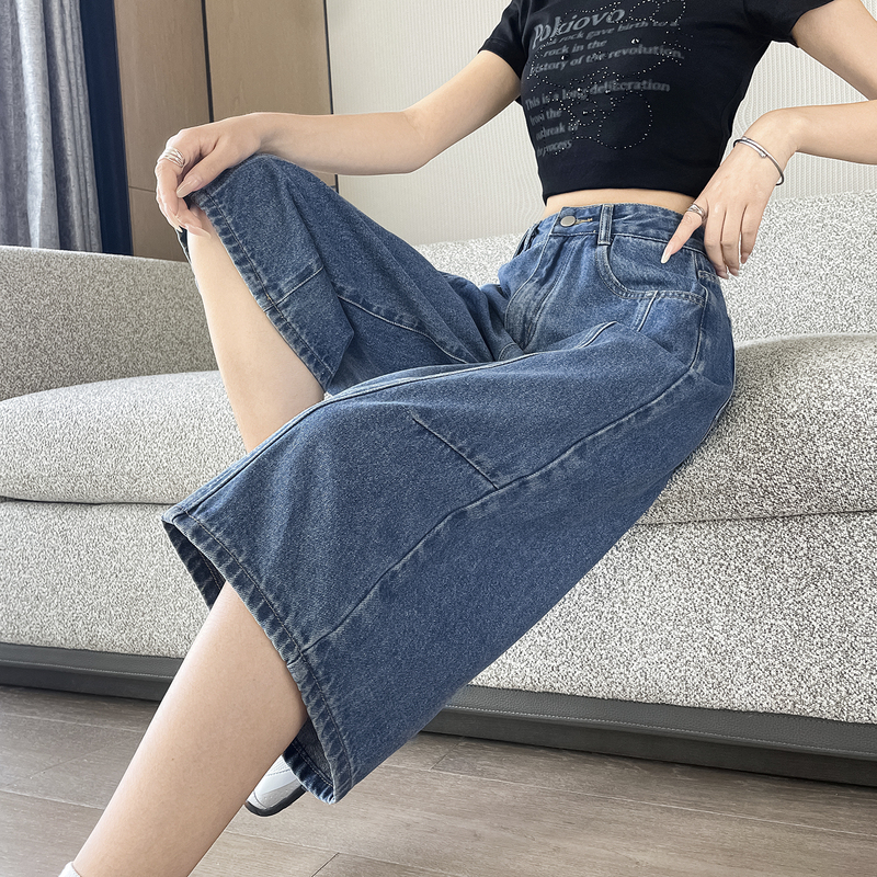 Blue High-Waisted Straight-Leg Jeans for Women, New Summer Style, Petite Size, Cropped, Loose Fit, Slimming, Flattering, Versatile Wide-Leg Pants Blue High-Waisted Straight-Leg Jeans for Women, New Summer Style, Petite Size, Cropped, Loose Fit, Slimming, Flattering, Versatile Wide-Leg Pants