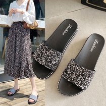 ins slippers female summer outside wear 2020 new Korean fashion rhinestone thick sequins Net Red social flat cool