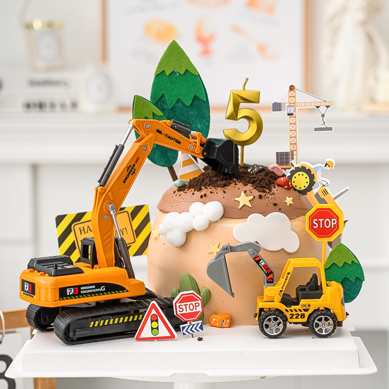 Engineering vehicle theme cake decoration simulation excavator decoration children's birthday party road construction roadblock plug-in
