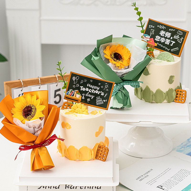 Teacher's Day Cake Decoration Sunflower Sunflower Bouquet Eucalyptus Leaf Ornament Teacher You Worked Hard
