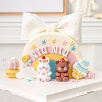Childrens birthday cartoon cake decorated with cute and soft rubber party hat Bear Rabbit Pendulum with meritocratic butterfly knot dress