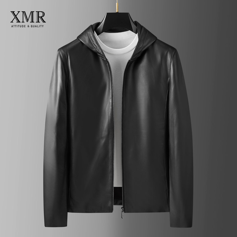 Handsome men's leather leather clothes men's spring and autumn even hat leather jacket design sense men's senior senses winter clothing and sheep leather leather jacket