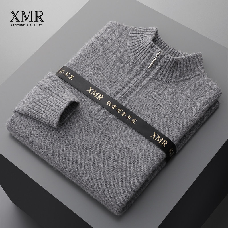 Semi-high collar laced cashmere sweatshirt male thicken hooded sweatshirt autumn winter hit base sheep sweatshirt middle-aged dad sweater