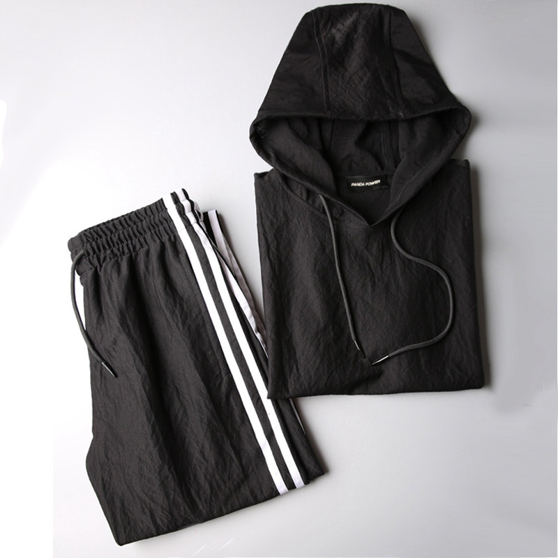 夏季薄款运动套装男 时尚休闲套装透气棉麻连帽短袖卫衣 男套装夏