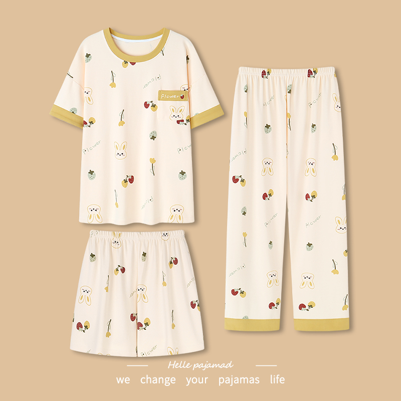 Langsha Three-Piece Pajamas Set for Women, Summer Pure Cotton Short-Sleeved Shorts, Cute Long Pants, Large Size, Can Be Worn Outside, Thin Home Wear