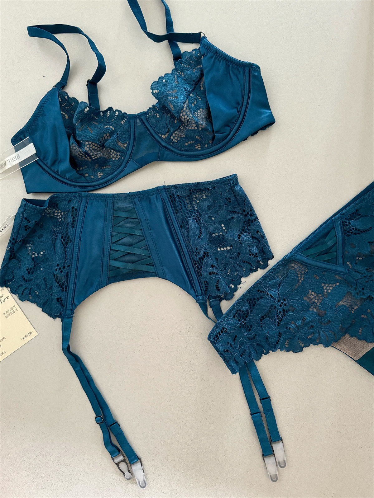 Description Picture 3 of itemSatin three-piece thin section lingierie large breast underwear sexy lace bra breathable blue temperament underwear set