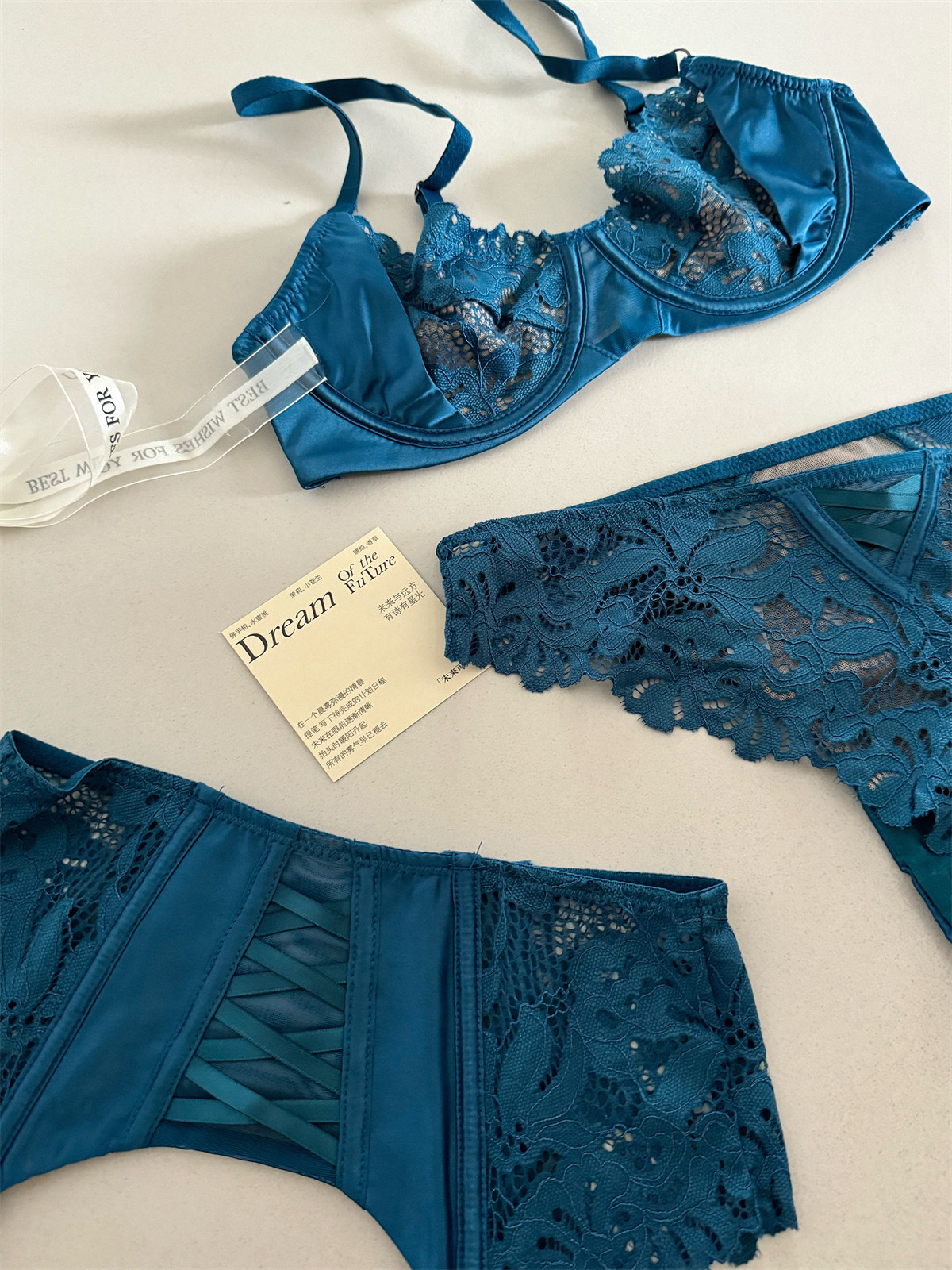 Description Picture 6 of itemSatin three-piece thin section lingierie large breast underwear sexy lace bra breathable blue temperament underwear set
