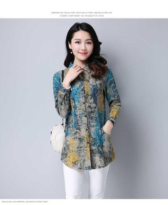 Áo sơ mi nữ tay dài hoa 2017 mùa xuân và mùa thu mới cho mẹ trung niên size lớn áo cotton rộng và áo lanh in thời trang công sở nữ