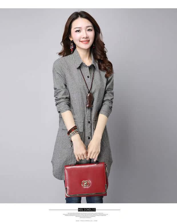 Mùa xuân và mùa thu mới retro áo dài tay váy cotton quốc gia kẻ sọc áo sơ mi nữ giản dị hoang dã áo cardigan áo sơ mi trang nữ form rộng