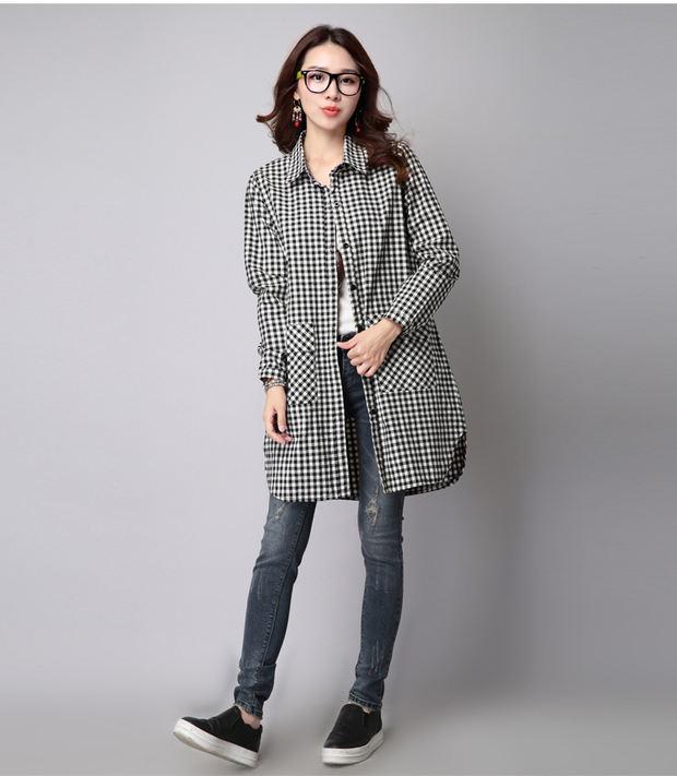 Mùa xuân và mùa thu mới retro áo dài tay váy cotton quốc gia kẻ sọc áo sơ mi nữ giản dị hoang dã áo cardigan áo sơ mi trang nữ form rộng