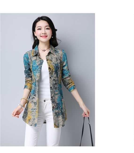 Áo sơ mi nữ tay dài hoa 2017 mùa xuân và mùa thu mới cho mẹ trung niên size lớn áo cotton rộng và áo lanh in thời trang công sở nữ