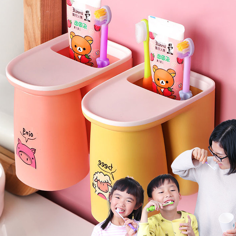 Children's toothbrushing cup set cartoon cute magnetic mouthwash cup creative tooth cylinder toothbrush girl baby cup hanging wall
