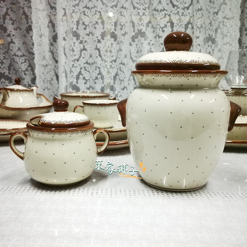 European Polish Hand-Painted Ceramic Tableware Ga Factory Brown Dot Container Large Jar, Double-Handle Seasoning Jar P-Kb