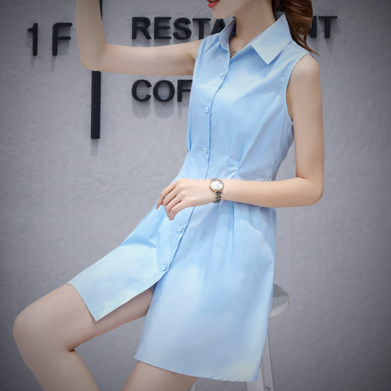 2025 Spring/Summer New Sleeveless Shirt Dress Korean Style Slimming Plus Size Mid-Length Turn-Down Collar White Shirt for Women