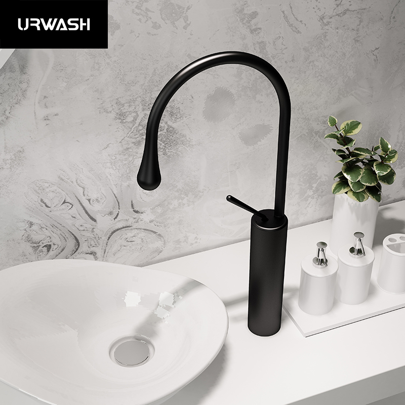 Rotatable Washbasin Faucet for Home Use, Hot and Cold Water Countertop Basin, Black Pull-Out Faucet with Water Droplet Design