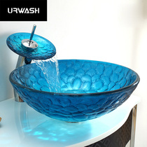 Tempered glass wash basin toilet creative table basin blue Mediterranean art basin simple round home
