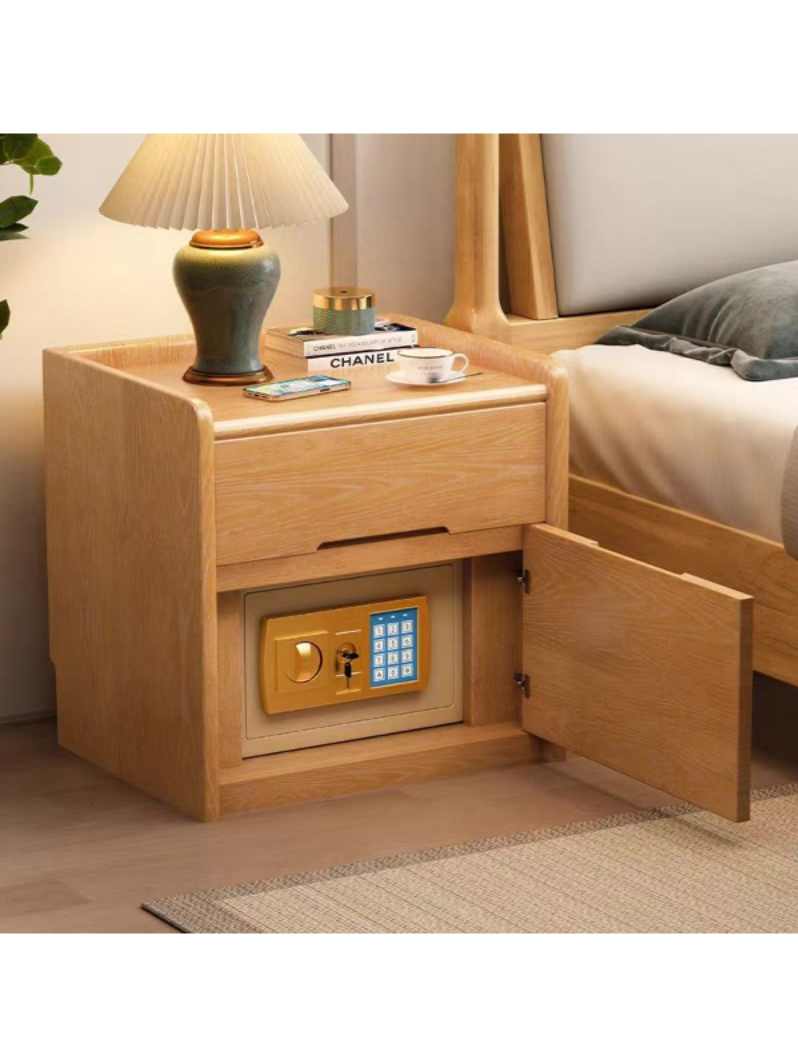 Solid Wood Bedside Table Safe Integrated Home Bedroom Simple Bedside Cabinet Multi-Functional Safe with Fingerprint Password